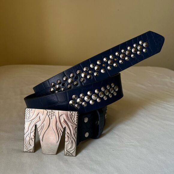 Blue Croc Embossed Studded Leather Belt Silver M Buckle Statement Y2K 40" - Picture 8 of 9